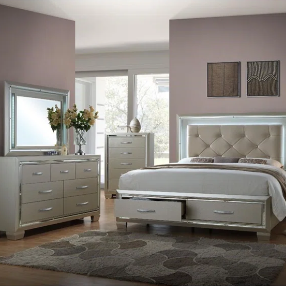 Elegant Glamour: 5-Piece Bedroom Set with Lustrous Platinum Dresser, Crystal and Chrome Handles – A Stunning, Star-Quality Collection to Elevate Your Bedroom Décor