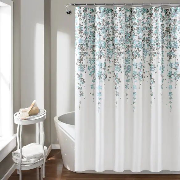 Blue and Grey Weeping Flower Shower Curtain – Floral Nature-Inspired Bath Décor, 72" x 72"