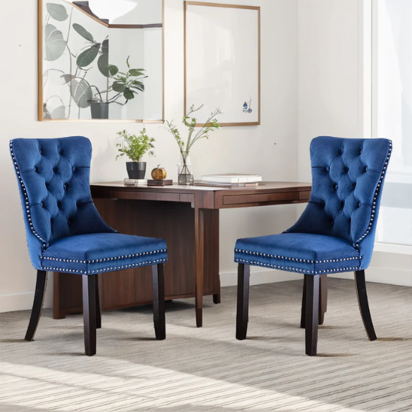 Upholstered Tufted Dining Chairs with Curved Back & Nailhead Detail – Set of 2