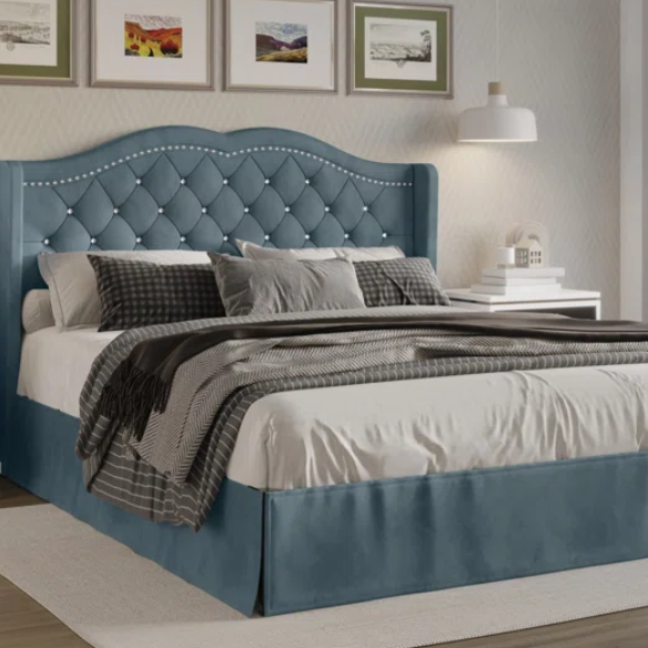 Luxurious King Size Upholstered Wingback Platform Bed with Velvet Fabric, Foam-Padded Camelback Headboard, Diamond Tufting, Nailhead Trim, and Included Bed Skirt for Hidden Storage