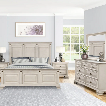 Distressed Parchment Wood Bedroom Set with Panel Bed, Dresser, Mirror, and Nightstand, Featuring Silver Accents and Fluted Pilasters