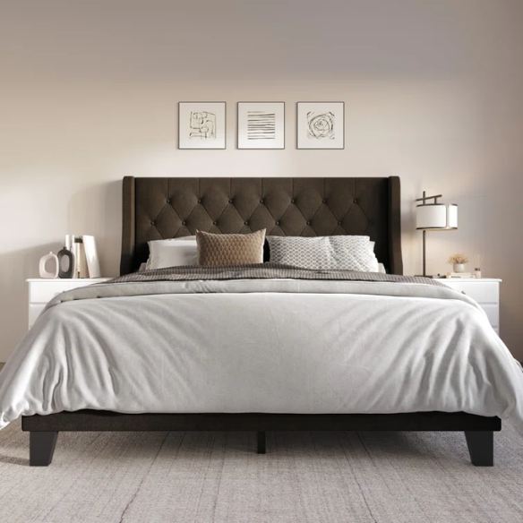 Elegant King Size Upholstered Wingback Bed with Button-Tufted Headboard – Foam-Padded for Ultimate Comfort and Support