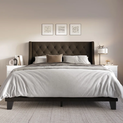 Elegant King Size Upholstered Wingback Bed with Button-Tufted Headboard – Foam-Padded for Ultimate Comfort and Support