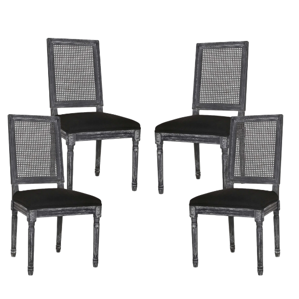 French Country Wood and Cane Upholstered Dining Chairs – Weathered Rubberwood Frame with Fluted Legs & Rectangular Cane Backrest