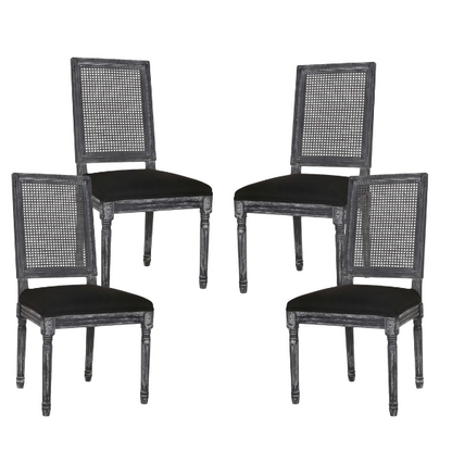 French Country Wood and Cane Upholstered Dining Chairs – Weathered Rubberwood Frame with Fluted Legs & Rectangular Cane Backrest