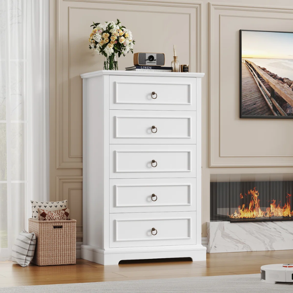 French Country-Inspired 5-Drawer Chest with Metal Ring Handles, Paneled Detailing, and Classic Crown Molding