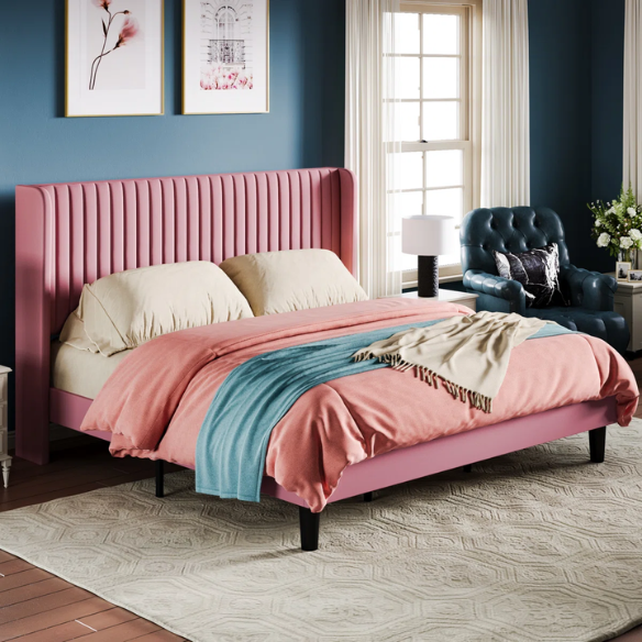Luxurious King Size Upholstered Velvet Platform Bed with Modern Wingback Headboard – Heavy-Duty Steel Frame, No Box Spring Needed, and Ample Under-Bed Storage