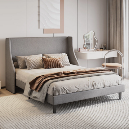 Modern Queen Size Upholstered Platform Bed with Deluxe Wingback and Linen Blend Fabric