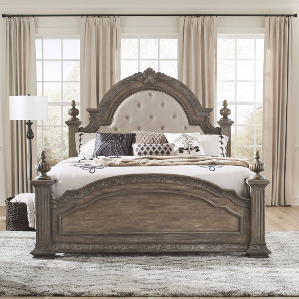 Brown & Beige King Poster Bedroom Set with Dresser, Mirror, Chest & Nightstand – Rustic Hickory Veneers, Sand Linen Upholstery, Antique Brass Accents