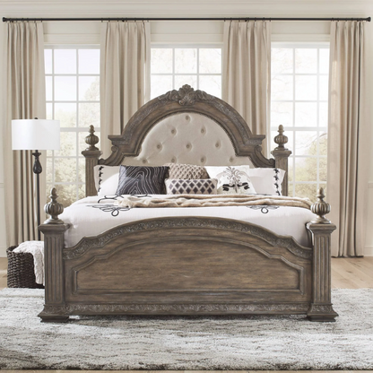 Brown & Beige King Poster Bedroom Set with Dresser, Mirror, Chest & Nightstand – Rustic Hickory Veneers, Sand Linen Upholstery, Antique Brass Accents
