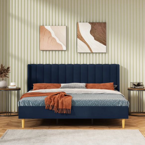 Luxury Corduroy Upholstered King Size Platform Bed Frame - Stylish Modern Wingback Design with Ultimate Comfort
