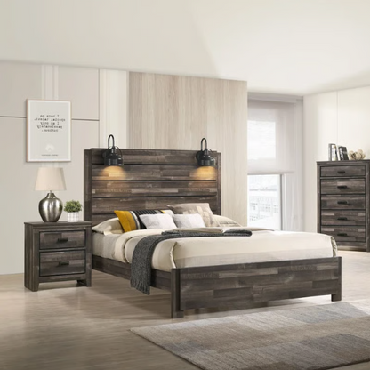 Rustic Dark Grey Weathered 6-Piece Platform Bedroom Set with Bold Black Hardware – Frame-Style Design, Metal-on-Metal Drawer Guides, and Sturdy Construction