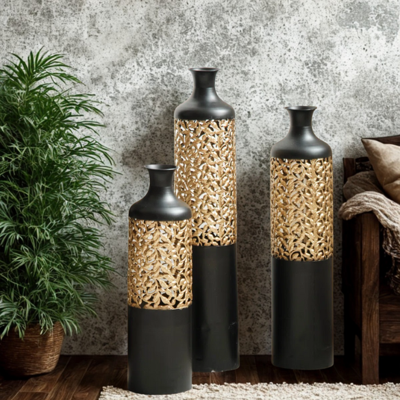 Elegant Matte Black Large Floor Vase Set (3-Piece) – Gold Baroque Vine Detailing, Metal Flower Vases for Sophisticated Home Décor