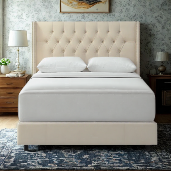 Timeless Upholstered Wingback King Size Bed with Button Tufting and Nailhead Trim
