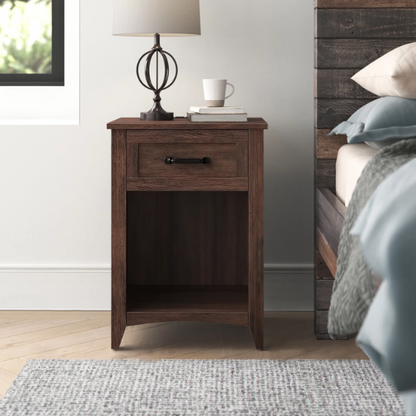 Farmhouse-Style Nightstand with Built-In Charging Station – Engineered Wood, Spacious Top, Drawer & Open Compartment, Matte Black Metal Handle, USB-A & USB-C Ports, AC Outlets, Ideal for Bedroom or Living Room