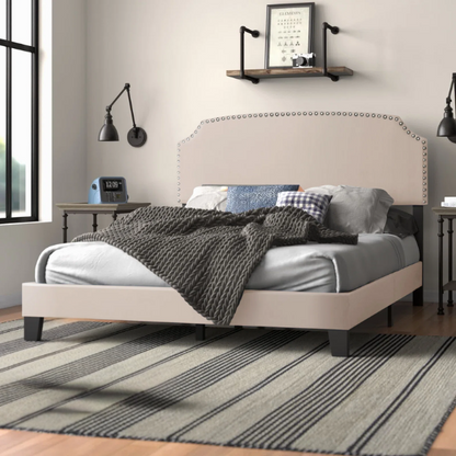 King Size Upholstered Standard Bed with Scooped Corner Headboard, Nailhead Trim, and Extra Support Feet – Classic Design with Adjustable Base Compatibility