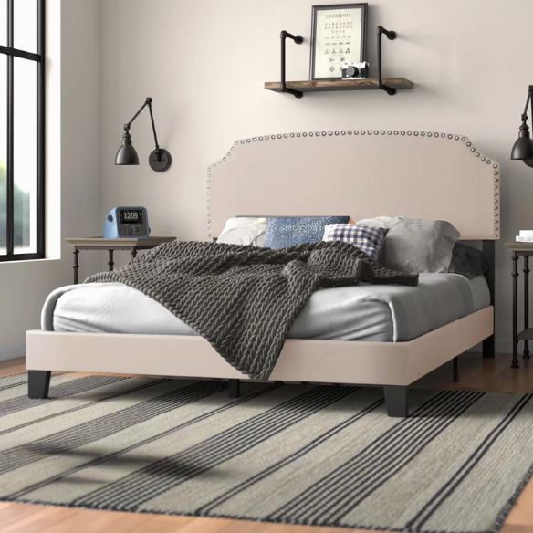 King Size Upholstered Standard Bed with Scooped Corner Headboard, Nailhead Trim, and Extra Support Feet – Classic Design with Adjustable Base Compatibility