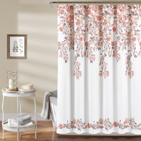 Blush and Grey Floral Vine Shower Curtain – Shabby Chic Farmhouse Style, 72" x 72"