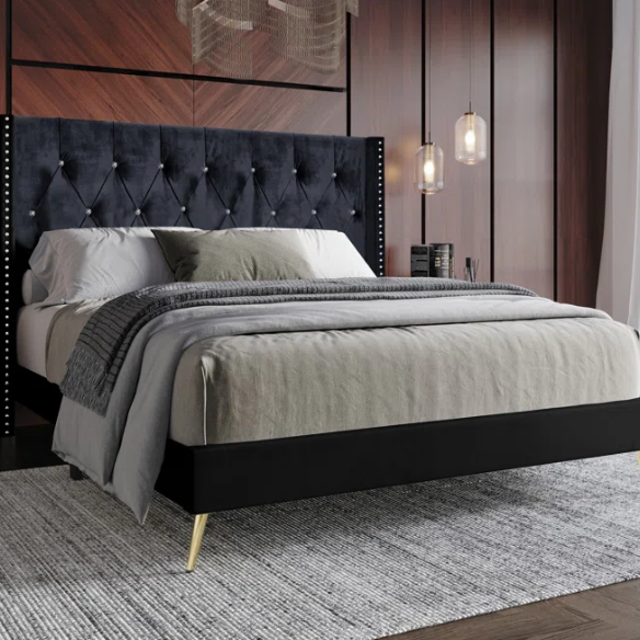 Luxurious King Size Upholstered Wingback Bed with Velvet Upholstery – Elegant Diamond Tufting, Nailhead Trim, Gold-Finished Feet, and Foam-Padded Headboard for Ultimate Comfort and Style