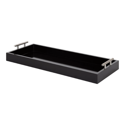 Sleek and Sophisticated Long Rectangular Serving Tray – High Gloss Wood with Polished Metal Handles, Perfect for Entryway, Vanity, or Coffee Table
