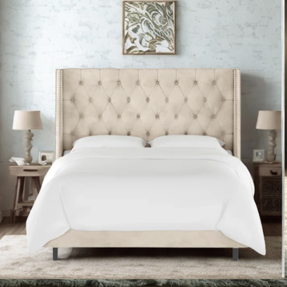 Chic Upholstered Wingback King Size Bed with Button Tufting and Nailhead Trim