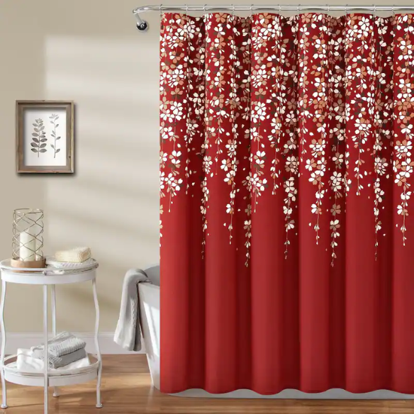 Red, Brown, Tan, and White Weeping Flower Shower Curtain – Nature-Inspired Floral Bath Décor, 72" x 72"
