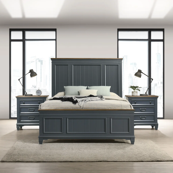 Modern Farmhouse 3-Piece Queen Bedroom Set with Natural Wood Trim, Featuring a Stylish Wooden Bed