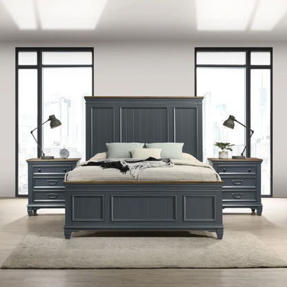 Modern Farmhouse 3-Piece Queen Bedroom Set with Natural Wood Trim, Featuring a Stylish Wooden Bed