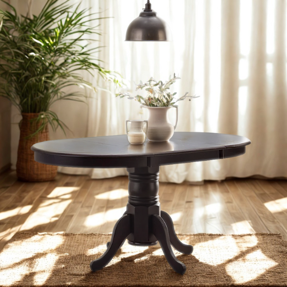 Farmhouse Solid Rubberwood Dining Table with 22-Inch Extension Leaf – Pedestal Base, Seats 6, Available in Oak, Matte Black, White/Natural, Grey/Walnut Finishes