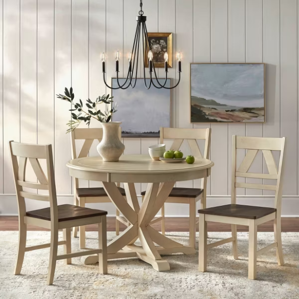 Charming Country-Style Dining Set with Rustic Appeal – Round Table & Geometric Back Chairs