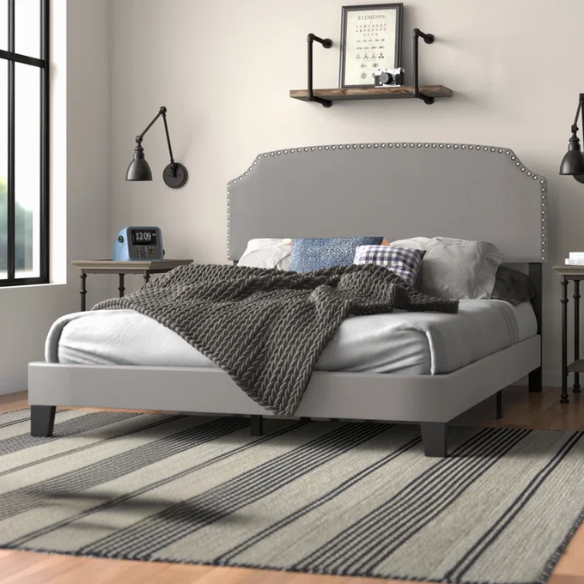 King Size Upholstered Standard Bed with Scooped Corner Headboard, Nailhead Trim, and Extra Support Feet – Classic Design with Adjustable Base Compatibility