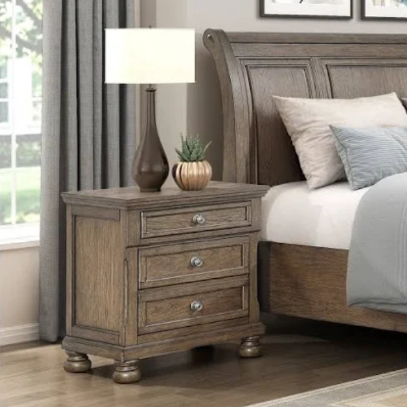 Transitional Brown 3-Piece Queen Bedroom Set – LED Light Bed with Industrial Accents and Rustic Birch Veneer, Featuring 2 Nightstands