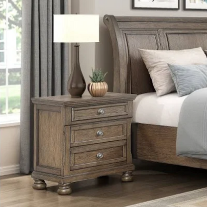 Transitional Brown 3-Piece Queen Bedroom Set – LED Light Bed with Industrial Accents and Rustic Birch Veneer, Featuring 2 Nightstands
