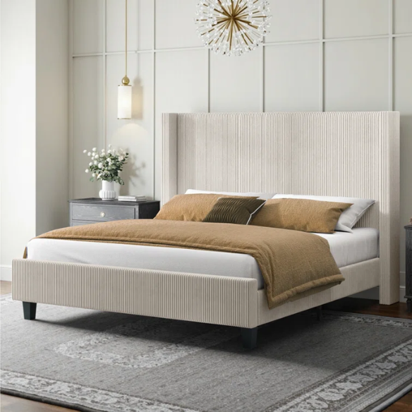 Modern King Size Corduroy Upholstered Bed with Wingback Design – Solid Wood and Metal Frame with Tapered Legs and Extra Cushioned Comfort