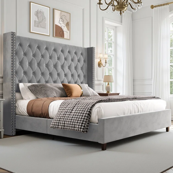 Queen Size Upholstered Velvet Bed – The Epitome of Luxury and Comfort with Majestic 61.4-Inch Extra-High Headboard