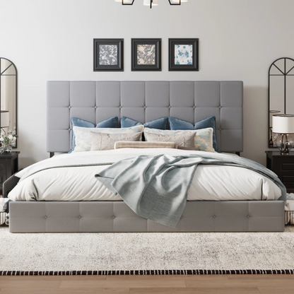 King Size Upholstered Platform Bed with Storage Drawers, Padded Headboard, and Sophisticated Button Tufting