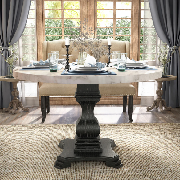 48-inch Round Black and White Marble Pedestal Dining Table – Rustic White with Antique Black Finish, Geometric Carved Base, Ideal for Modern Farmhouse Dining