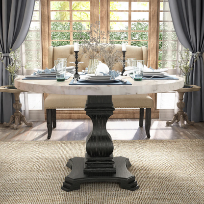 48-inch Round Black and White Marble Pedestal Dining Table – Rustic White with Antique Black Finish, Geometric Carved Base, Ideal for Modern Farmhouse Dining