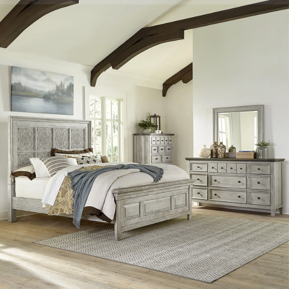 Transform Your Farmhouse Bedroom with the Queen Panel Bed, Dresser, Mirror, and Chest Set – Featuring Rustic Charm and Elegant Storage