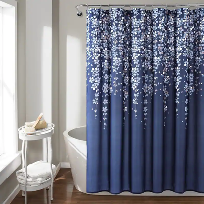 Navy Blue, Grey, and White Weeping Flower Shower Curtain – Elegant Floral Bathroom Décor, 72" x 72"