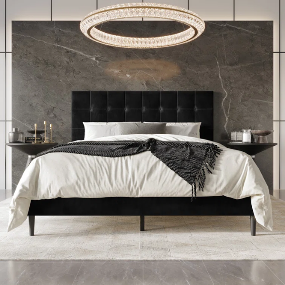 Luxurious Upholstered King Size Platform Bed with Tufted Velvet Headboard and Modern Tapered Legs – A Sophisticated Addition to Any Bedroom