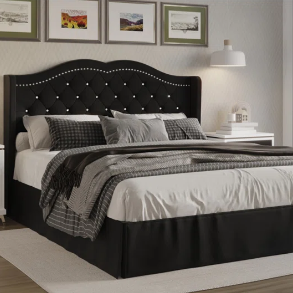 Luxurious King Size Upholstered Wingback Platform Bed with Velvet Fabric, Foam-Padded Camelback Headboard, Diamond Tufting, Nailhead Trim, and Included Bed Skirt for Hidden Storage