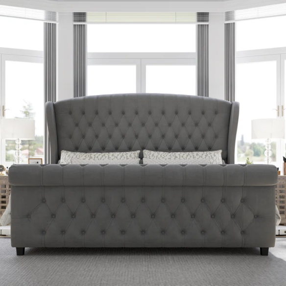 Luxurious Queen Size Upholstered Sleigh Bed with Button Tufting and Rich Chenille Fabric