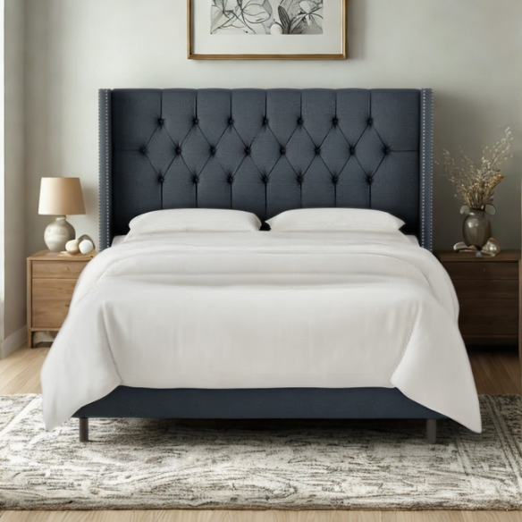 Timeless Upholstered Wingback King Size Bed with Button Tufting and Nailhead Trim