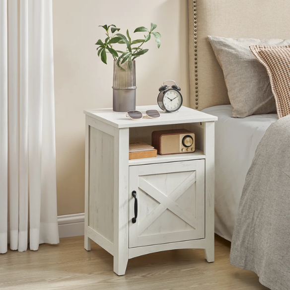 Farmhouse Nightstand with Cabinet & Open Compartment – Rustic Bedside Table, Distressed Finish, Barn Door Style, Matte Black Metal Handles, Flared Legs, Versatile Storage for Bedroom or Living Room