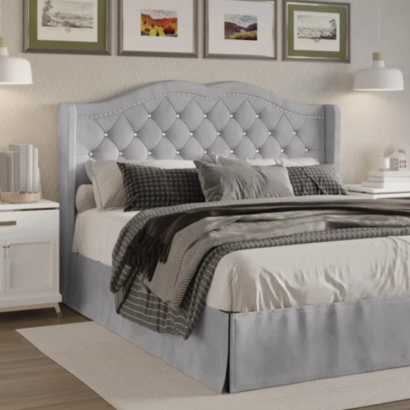 Luxurious King Size Upholstered Wingback Platform Bed with Velvet Fabric, Foam-Padded Camelback Headboard, Diamond Tufting, Nailhead Trim, and Included Bed Skirt for Hidden Storage