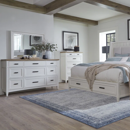 Timeless Craftsman-Inspired 5-Piece Queen Bedroom Set – Includes Storage Bed, 2 Nightstands, Dresser with Mirror, and Chest in Hand-Painted Cotton Finish