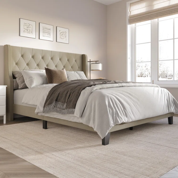 Elegant King Size Upholstered Wingback Bed with Button-Tufted Headboard – Foam-Padded for Ultimate Comfort and Support