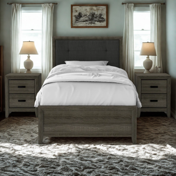 Rustic Grey Twin Bedroom Set: 3-Piece Collection with Twin Bed and Two Nightstands for Charming Style