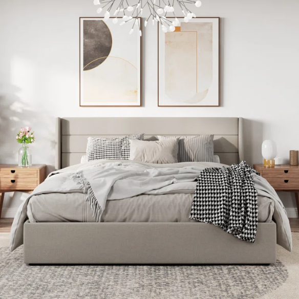 Modern King Size Upholstered Platform Bed with Hydraulic Lift Storage – Sleek Grooved Headboard, Space-Saving Design, and No Box Spring Needed